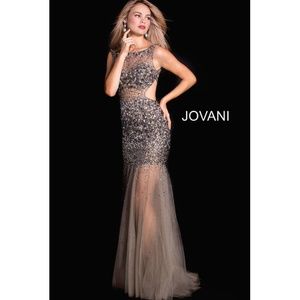 JOVANI Silver Sheer Beaded Open Back Prom Dress